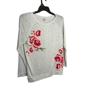 Nouvida Embroidered Floral Long Raglan Sleeve Top Pullover Gray Womens Sz L NWT